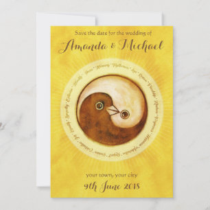 SAVE THE DATE Gold YinYang doves wedding card