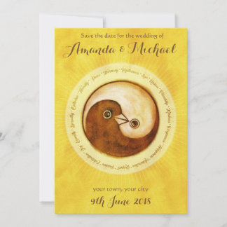 SAVE THE DATE Gold YinYang doves wedding card