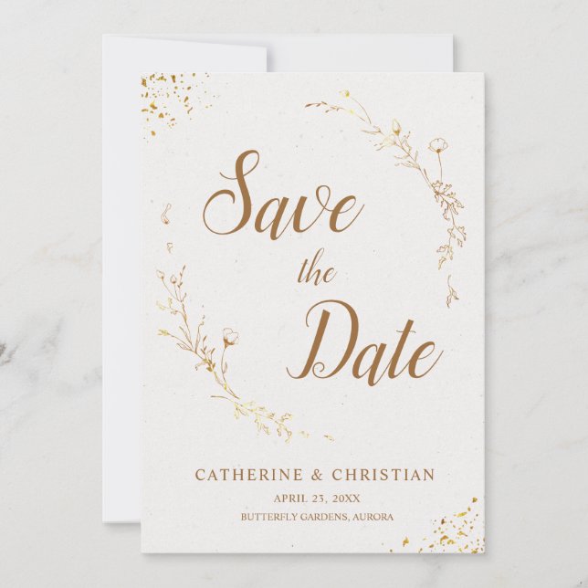 Save the Date Golden Outline Flowers Invitation (Front)