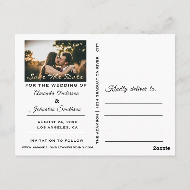 Save The Date Golden Script Photo Black White Mode Postcard (Back)