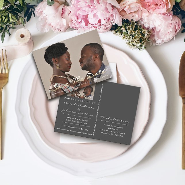 Save The Date Golden Script Photo Grey Grey Postcard (Creator Uploaded)
