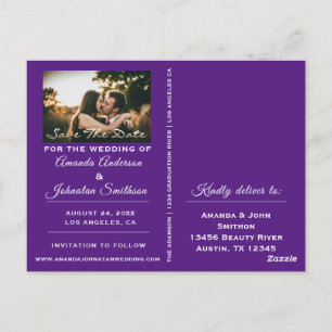 Save The Date Golden Script Photo Purple Postcard