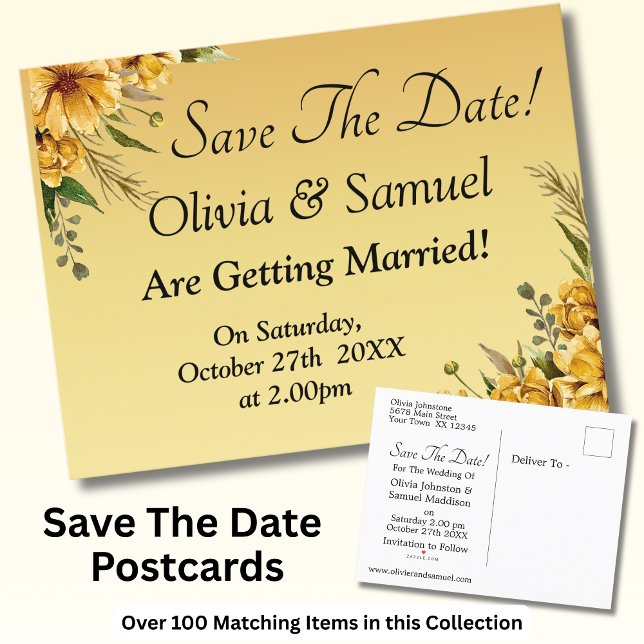 Save The Date Golden Yellow Flowers Wedding Suite Announcement Postcard (Creator Uploaded)
