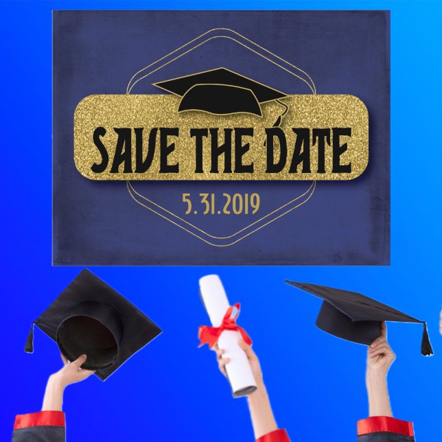 Save The Date Graduation Blue Gold Elegant Postcard (Creator Uploaded)