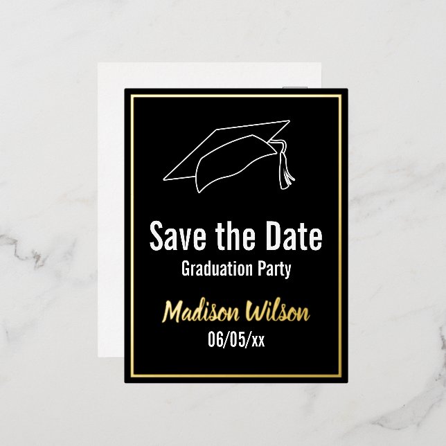 Save The Date Graduation Party Black White Gold Foil Invitation Postcard (Front/Back)