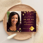 Save the Date graduation party burgundy photo 2025<br><div class="desc">A photo Save the date card for a graduation party. On front: Add your own vertical size photo of the graduate. A burgundy gradient background, decorated with faux gold stars. Personalize and add a name and date. The name and the text: Save the Date are written with a modern hand...</div>