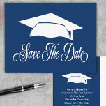 Save The Date Graduation -Simple Blue School Announcement Postcard<br><div class="desc">Send out this elegant and classy blue and white graduation postcard to your family and friends. Graduation Save The Date postcard modern and simple design features a graduation cap. Background colour can be changed to match your favourite colour or school colour.</div>