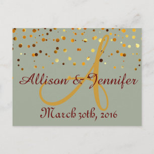 Save the date Green and Gold Glitter Faux Foil Announcement Postcard