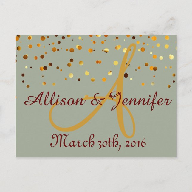 Save the date Green and Gold Glitter Faux Foil Announcement Postcard (Front)