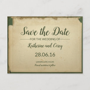Save The Date Green & Beige Wedding Parchment Postcard