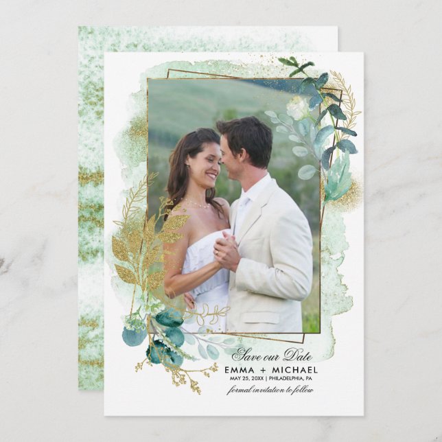 Save the Date. Green Botanical Photo Wedding Invitation (Front/Back)