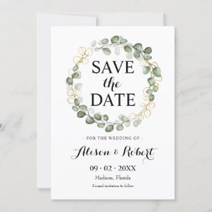 Save The Date - Green Eucalyptus Foliage Wreath In Invitation