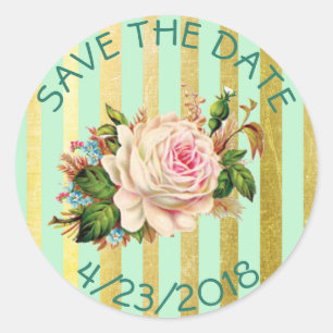 Save the Date Green Gold Flower Striped Stickers