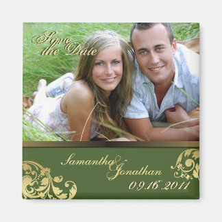 Save the Date Green & Gold Shimmer Floral Magnet