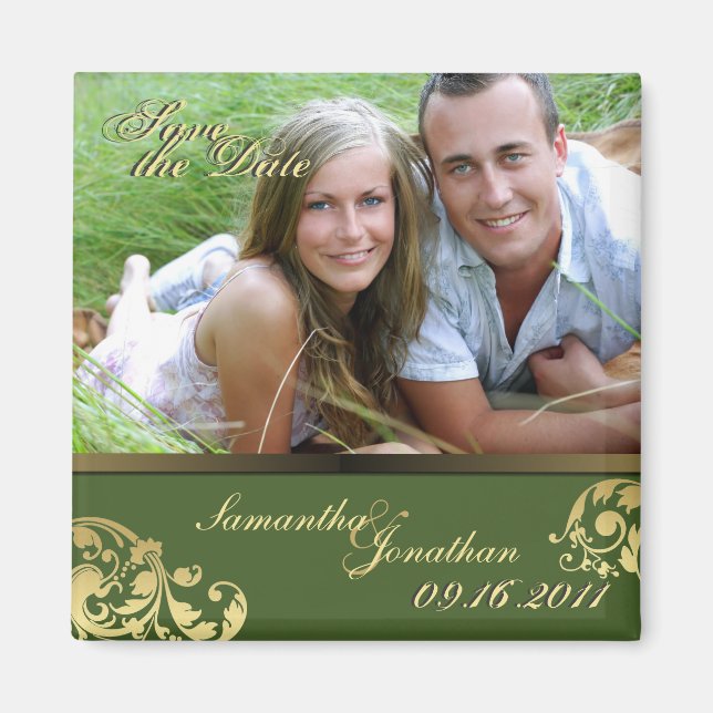 Save the Date Green & Gold Shimmer Floral Magnet (Front)