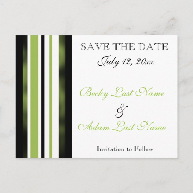 Save The Date Green Stripes Wedding Postcard (Front)