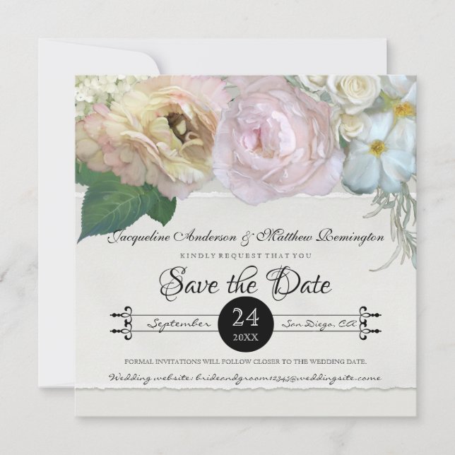 Save the Date Grey Ombre Flowers Peony Roses Invitation (Front)