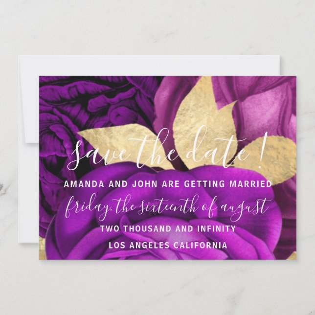 Save The Date Grey Wreath Gold Purple Roses (Front)
