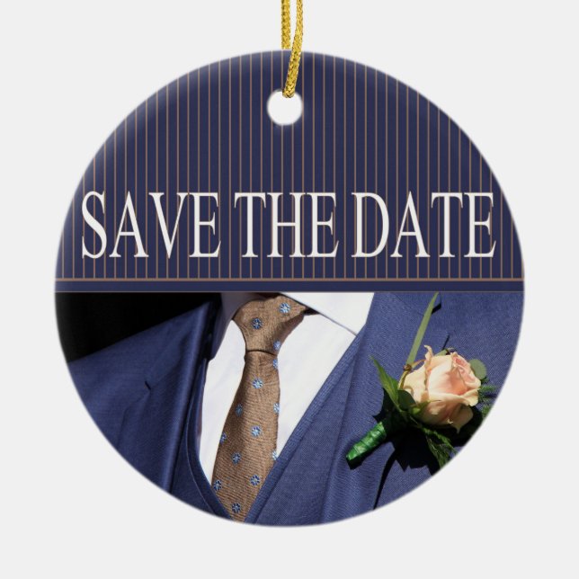 Save the Date Groom's boutonniere Ceramic Tree Decoration (Front)