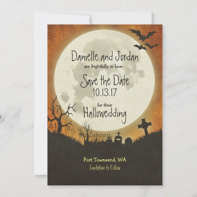 Save the Date Halloween wedding in orange (Front)