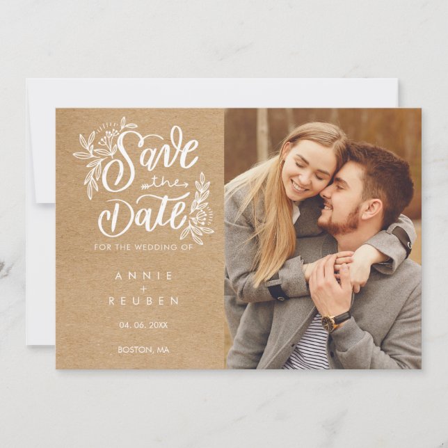Save the Date Hand Script Photo Rustic Kraft Invitation (Front)