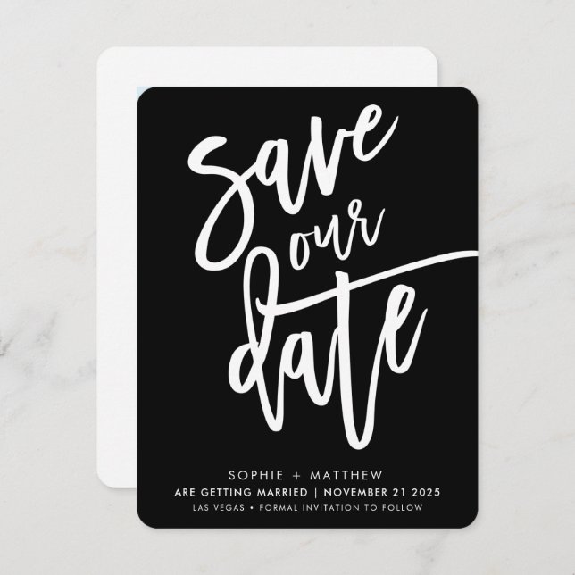SAVE THE DATE handlettered script black white ink Invitation (Front/Back)