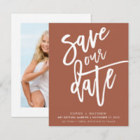 SAVE THE DATE handlettered script clay white ink