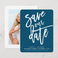 SAVE THE DATE handlettered script dark blue white