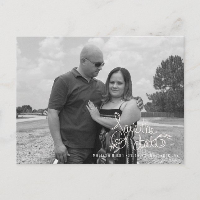 Save the Date Heart Arrow Script Hand Lettering Po Postcard (Front)