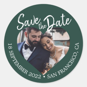 Save the Date Heart Photo Dark Green Classic Round Sticker