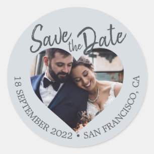 Save the Date Heart Photo Pastel Blue Classic Round Sticker