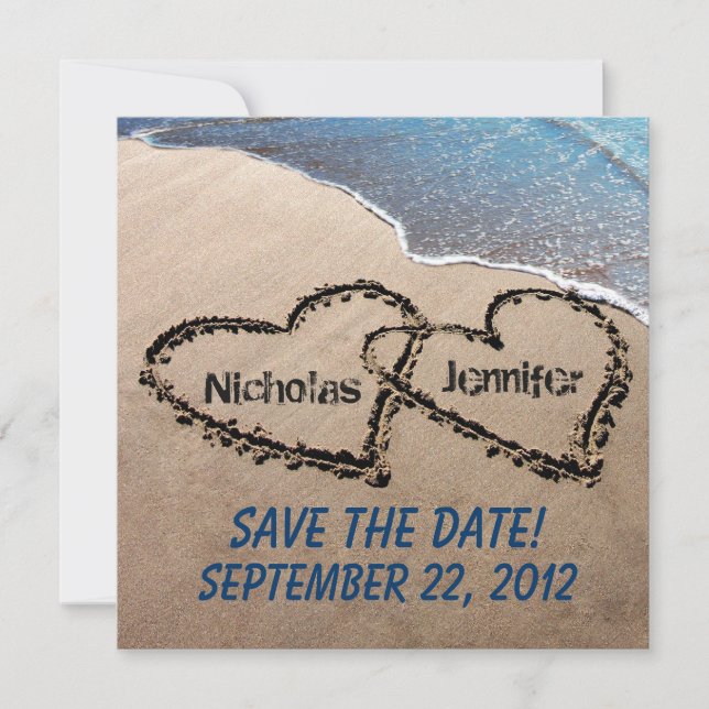 Save The Date Hearts In Sand Wedding Invitation (Front)