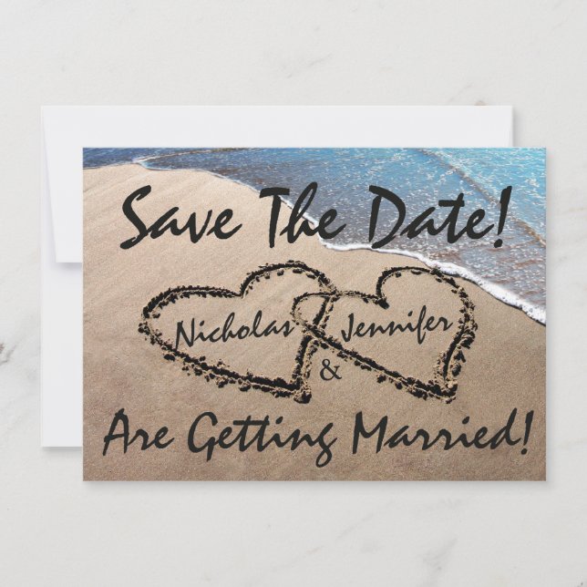 Save The Date Hearts Sand Beach Wedding Invitation (Front)