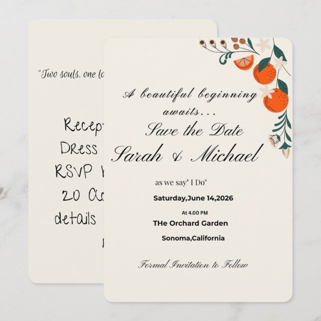 Save the Date Invitation – Elegant Fall Wedding De (Front/Back)