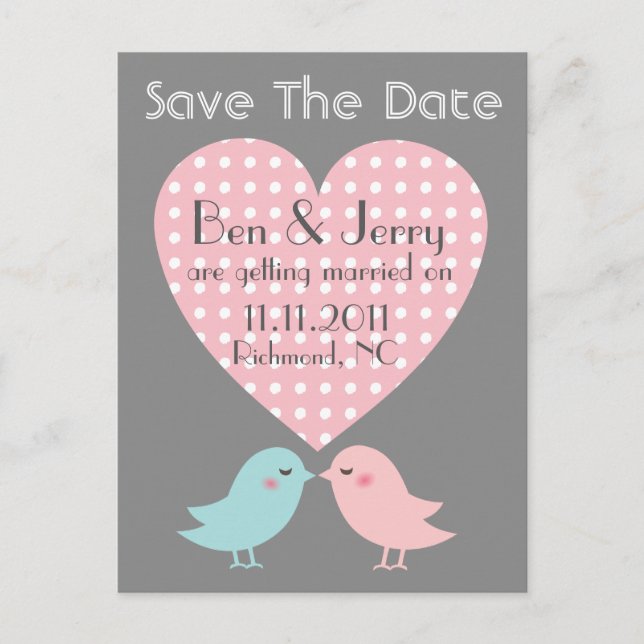 Save The Date Kissing Pop Birds Postcard (Front)