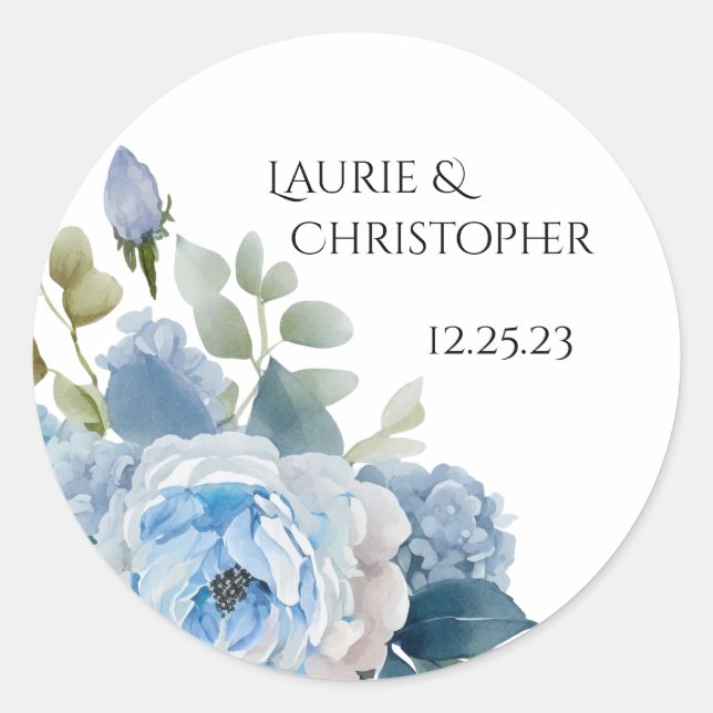 Save the Date Label, Blue Floral Design Classic Round Sticker (Front)