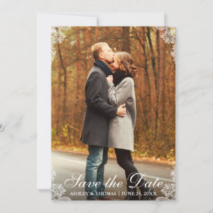Save The Date Lace Border Couple Photo Card L