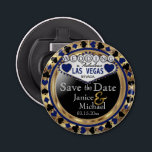 Save the Date Las Vegas Style - Dark Blue  Bottle Opener<br><div class="desc">Are you getting married soon? A fun and unique way to announce your wedding plans. Save the Date for your Wedding a Bottle Opener ready for you to personalise. Featuring the words "Save the Date" in a Las Vegas Style in faux metallic gold, dark blue and black design. ✔Note: Not...</div>