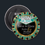 Save the Date Las Vegas  - Teal Bottle Opener<br><div class="desc">Bottle Opener. Are you getting married soon? A fun and unique way to announce your wedding plans. Save the Date for your Wedding a Bottle Opener ready for you to personalise. Featuring the words "Save the Date" in a Las Vegas Style in faux metallic gold, teal and black design. 📌If...</div>