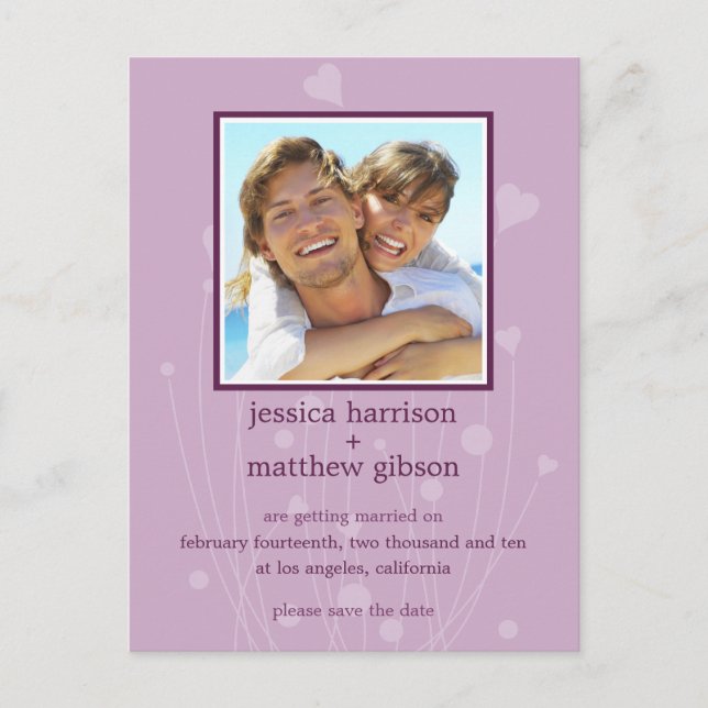 Save the Date Lavender Hearts Photo Postcard (Front)