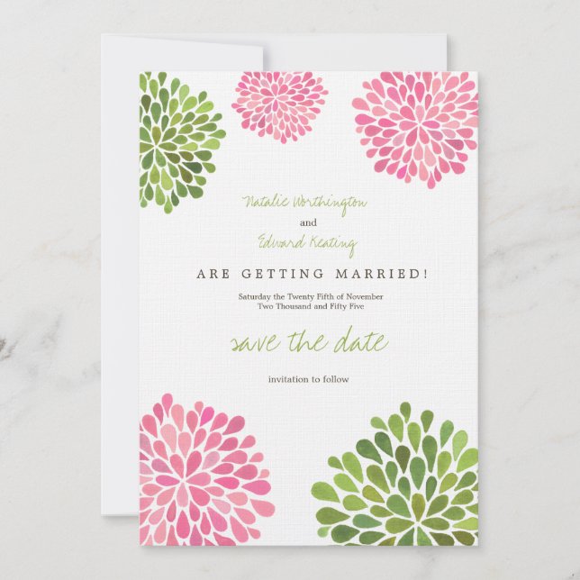 Save the Date Linen Pink & Green Flower Blooms (Front)