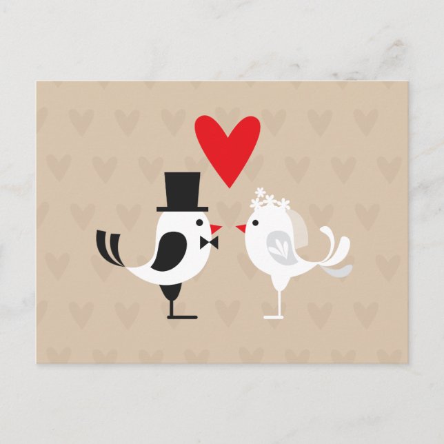 Save The Date Lovebirds & Hearts Tan Postcard (Front)