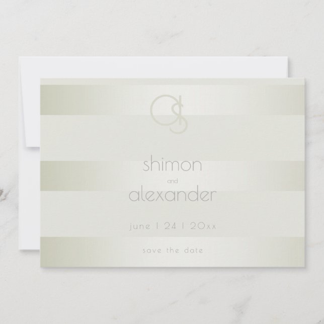 Save the Date | Luminous Pale Moss Stripe Monogram (Front)