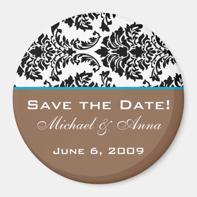 Save The Date Magnet Baroque Brown Aqua Blue (Front)