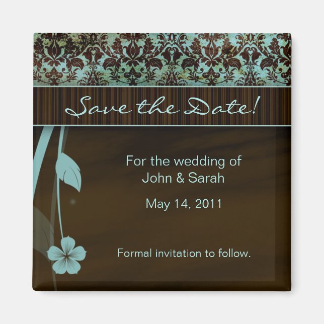 Save the Date Magnet floral damask blue brown (Front)