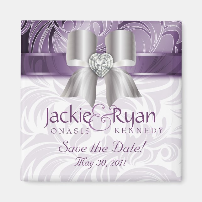 Save the Date Magnet Floral Leaf Purple Silver Bow (Front)