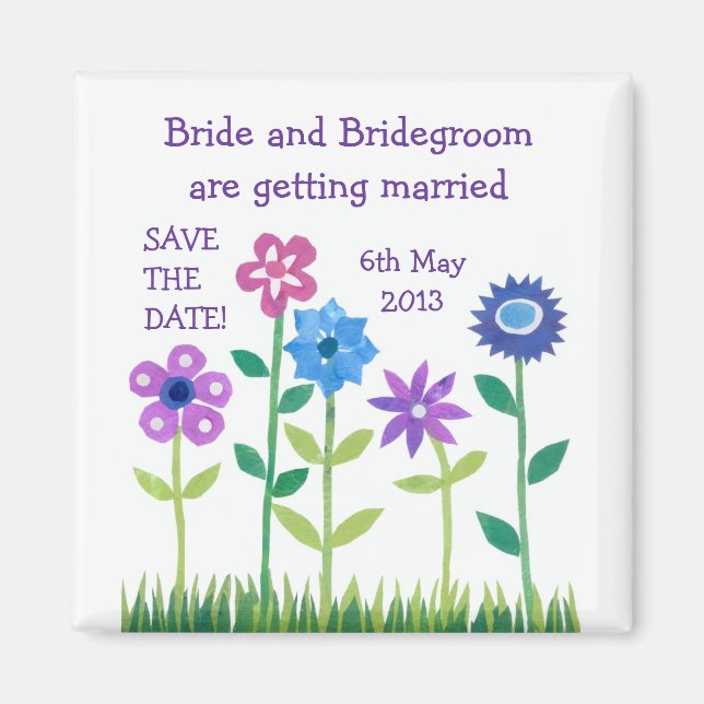 'Save the Date' Magnet, Pink and Blue Flowers Magnet (Front)