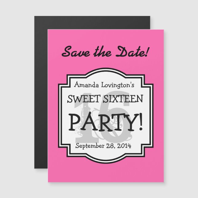 Save the Date Magnet Sweet 16 Birthday A02B PINK (Front/Back)