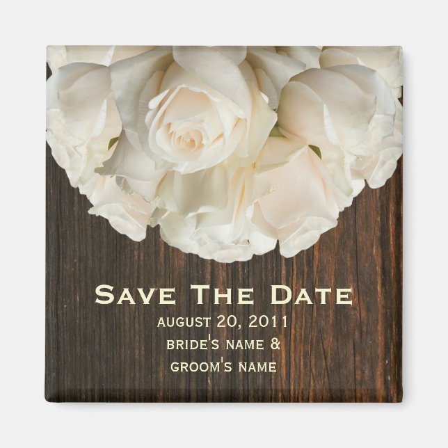 Save The Date Magnet - White Roses & Barnwood (Front)