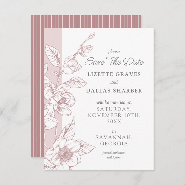 Save The Date Magnolia Blush Southern Wedding Card (Front/Back)